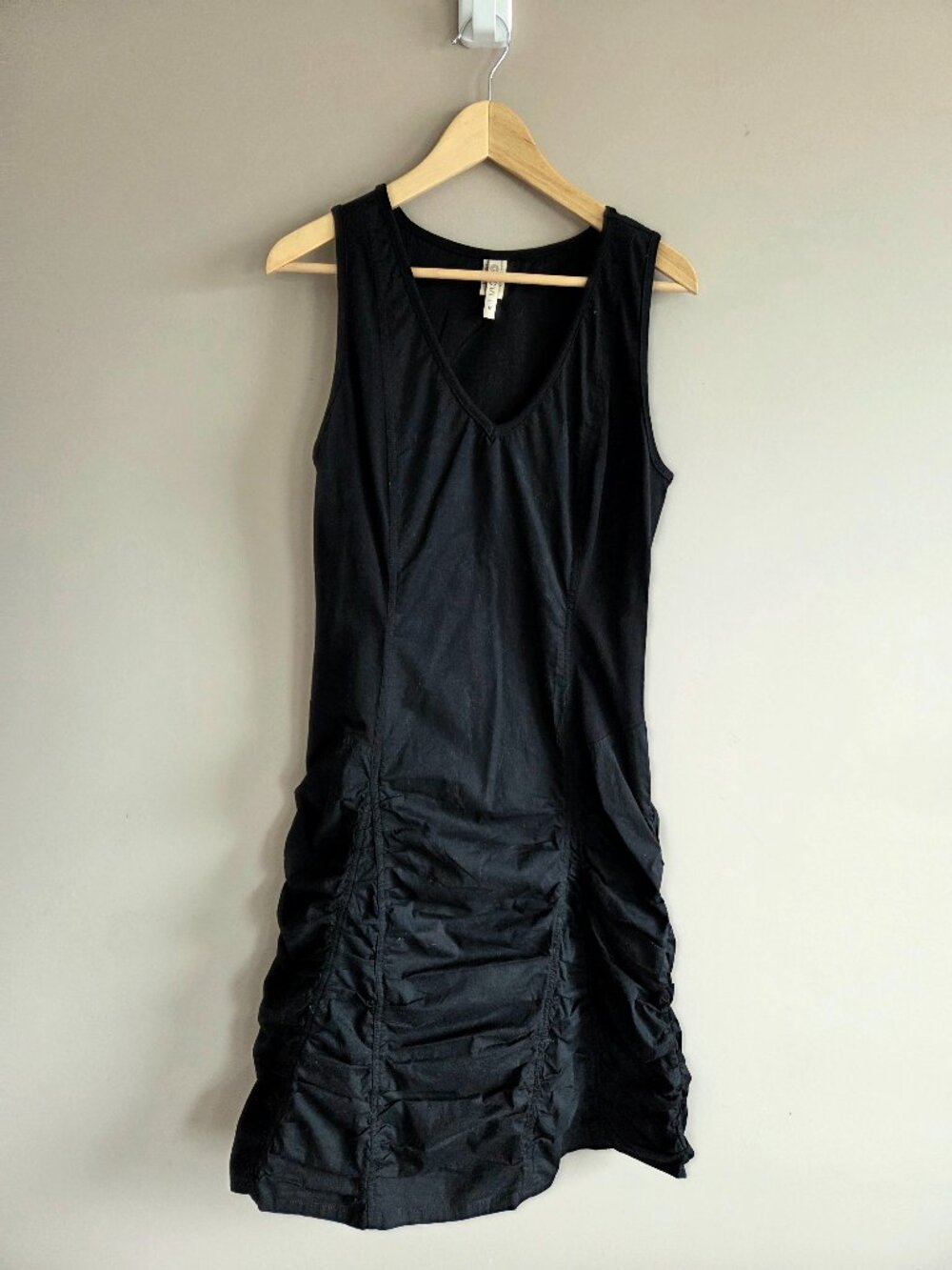 XCVI ruched black cotton blend sleeveless dress.
